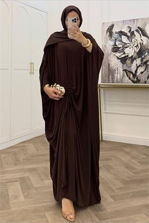 Neşeli butik kadın kahverengi büzgü detaylı premium tunik pantolon tesettür takım NMS103