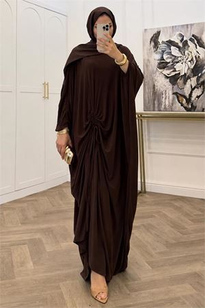 Neşeli butik kadın kahverengi büzgü detaylı premium tunik pantolon tesettür takım NMS103