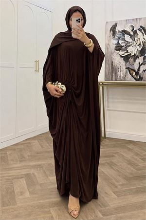Neşeli butik kadın kahverengi büzgü detaylı premium tunik pantolon tesettür takım NMS103
