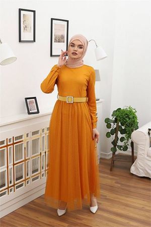 Neşeli butik kadın bisiklet yaka puantiyeli tesettür elbise RSSN45 - Hardal