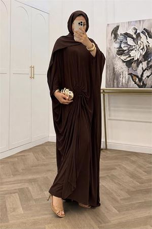 Neşeli butik kadın kahverengi büzgü detaylı premium tunik pantolon tesettür takım NMS103