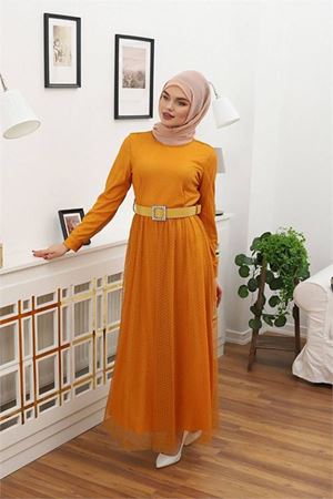 Neşeli butik kadın bisiklet yaka puantiyeli tesettür elbise RSSN45 - Hardal