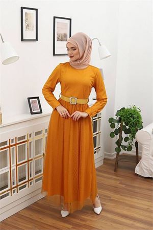 Neşeli butik kadın bisiklet yaka puantiyeli tesettür elbise RSSN45 - Hardal