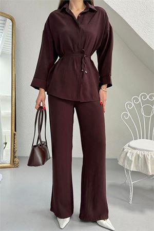 Neşeli butik kadın kahverengi gömlek yaka bağlama detaylı ikili takım NBG125