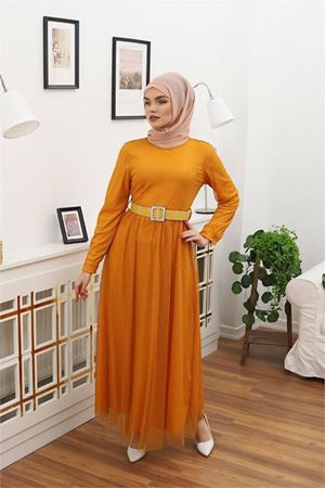 Neşeli butik kadın bisiklet yaka puantiyeli tesettür elbise RSSN45 - Hardal