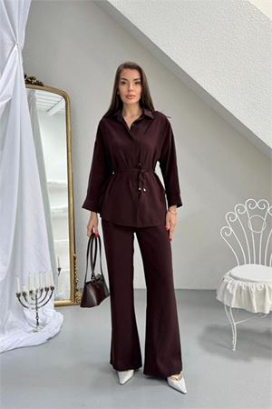 Neşeli butik kadın kahverengi gömlek yaka bağlama detaylı ikili takım NBG125