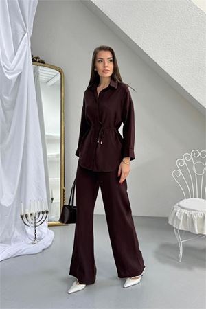 Neşeli butik kadın kahverengi gömlek yaka bağlama detaylı ikili takım NBG125