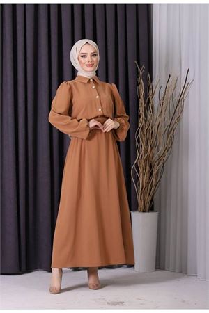 Neşeli butik kadın düğme detaylı ithal kumaş tesettür elbise SMS003