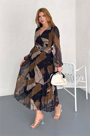 Neşeli butik kadın astarlı midi boy şifon elbise NBK20301