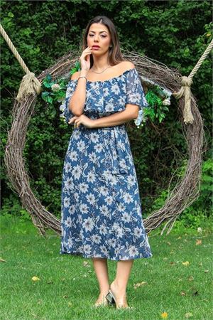 Neşeli butik kadın indigo madonna kuşaklı çiçek desenli şifon elbise NB10037