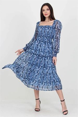 Neşeli butik kadın indigo desenli kare yaka gipeli şifon elbise NB10036