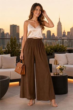 Neşeli butik kadın kahverengi bel lastikli rahat kalıp palazzo pantolon NBPNT002