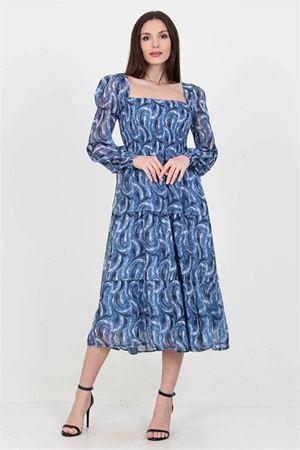 Neşeli butik kadın indigo desenli kare yaka gipeli şifon elbise NB10036