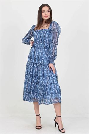 Neşeli butik kadın indigo desenli kare yaka gipeli şifon elbise NB10036