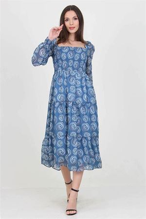 Neşeli butik kadın indigo gipeli kare yaka desenli şifon elbise NB100361