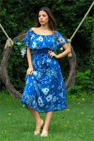 Neşeli butik kadın indigo bağlama detaylı madonna yaka şifon elbise NB100371