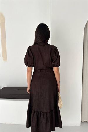 Neşeli butik kadın kahverengi eteği volanlı düğme detaylı kot elbise NBK4565
