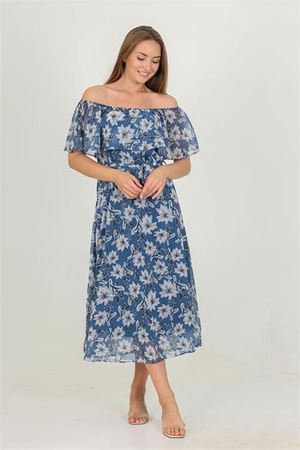 Neşeli butik kadın madonna yaka kuşaklı desenli şifon elbise RY10037