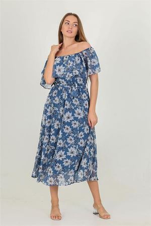 Neşeli butik kadın madonna yaka kuşaklı desenli şifon elbise RY10037
