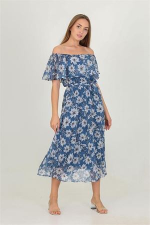 Neşeli butik kadın madonna yaka kuşaklı desenli şifon elbise RY10037