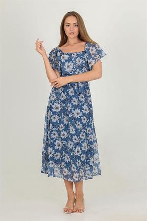 Neşeli butik kadın madonna yaka kuşaklı desenli şifon elbise RY10037