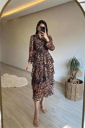 Neşeli butik kadın leopar desenli kat kat volanlı şifon elbise NM014