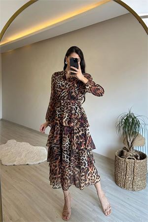 Neşeli butik kadın leopar desenli kat kat volanlı şifon elbise NM014