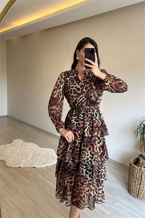 Neşeli butik kadın leopar desenli kat kat volanlı şifon elbise NM014