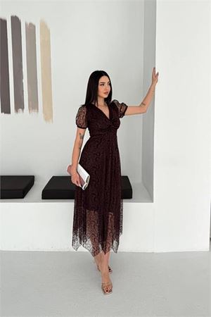 Neşeli butik kadın kahverengi asimetrik kesim flok baskılı midi boy elbise NBK078