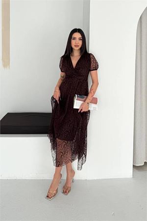 Neşeli butik kadın kahverengi asimetrik kesim flok baskılı midi boy elbise NBK078