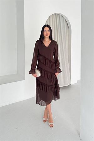 Neşeli butik kadın kahverengi V yaka kat kat fırfır detaylı midi boy şifon elbise NBK079