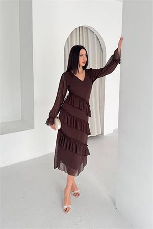 Neşeli butik kadın kahverengi V yaka kat kat fırfır detaylı midi boy şifon elbise NBK079
