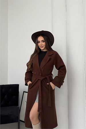 Neşeli butik kadın kahverengi kuşaklı reglan kol düğmeli premium kaşe kaban NBKBN01