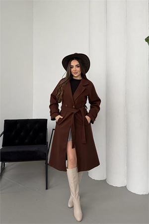 Neşeli butik kadın kahverengi kuşaklı reglan kol düğmeli premium kaşe kaban NBKBN01
