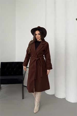 Neşeli butik kadın kahverengi kuşaklı reglan kol düğmeli premium kaşe kaban NBKBN01