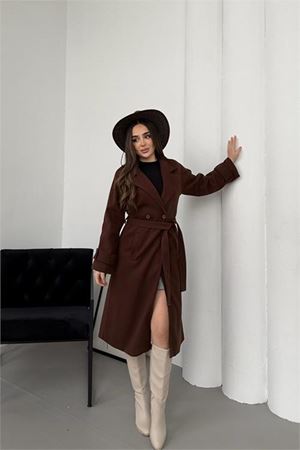 Neşeli butik kadın kahverengi kuşaklı reglan kol düğmeli premium kaşe kaban NBKBN01
