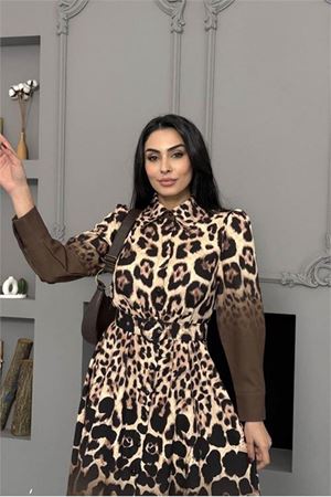 Neşeli butik kadın kahverengi leopar desen atlas kumaş düğmeli ithal elbise NBMS2597