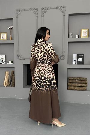 Neşeli butik kadın kahverengi leopar desen atlas kumaş düğmeli ithal elbise NBMS2597