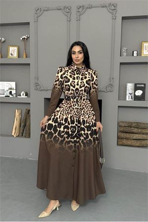 Neşeli butik kadın kahverengi leopar desen atlas kumaş düğmeli ithal elbise NBMS2597