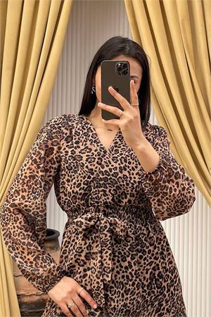 Neşeli butik kadın kuşaklı leopar desenli şifon elbise NBMY3709