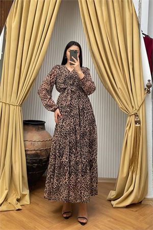 Neşeli butik kadın kuşaklı leopar desenli şifon elbise NBMY3709