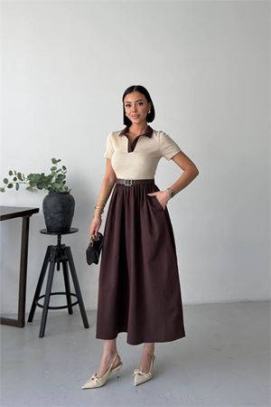 Neşeli butik kadın kahverengi gömlek yaka kemerli midi boy rahat kesim yazlık elbise NBG135