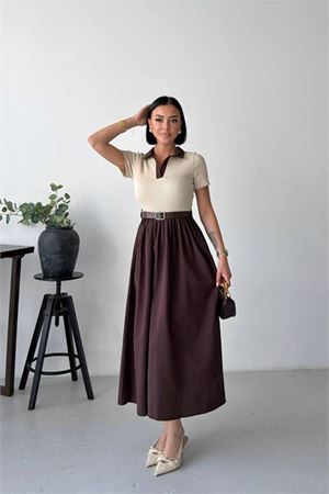 Neşeli butik kadın kahverengi gömlek yaka kemerli midi boy rahat kesim yazlık elbise NBG135