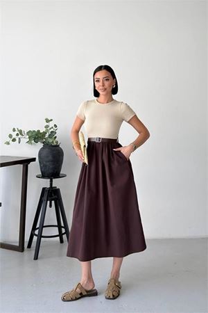 Neşeli butik kadın kahverengi bisiklet yaka kemerli midi boy yazdık yeni sezon elbise NBG134