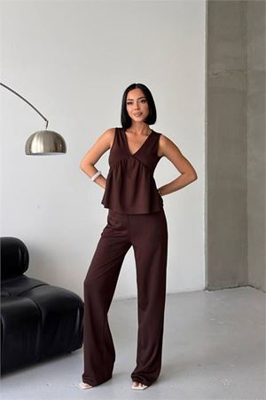 Neşeli butik kadın kahverengi modal kumaş volanlı atlet geniş paça pantolon yazlık ikili takım NBG132