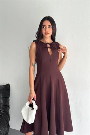 Neşeli butik kadın sıfır kol fiyonk detaylı likralı elbise NBK4191