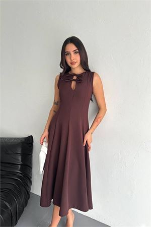 Neşeli butik kadın sıfır kol fiyonk detaylı likralı elbise NBK4191