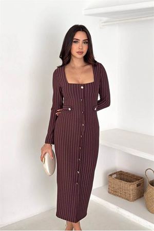Neşeli butik kadın çizgili desen kare yaka midi boy düğme detaylı elbise NBK069