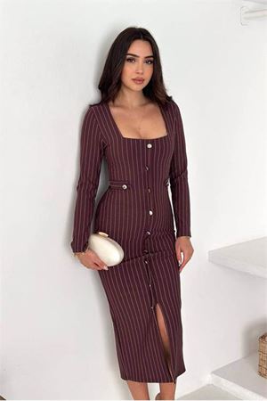 Neşeli butik kadın çizgili desen kare yaka midi boy düğme detaylı elbise NBK069
