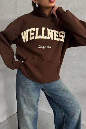 Neşeli butik kadın kahve nakış detaylı kapuşonlu kışlık sweat NBG032